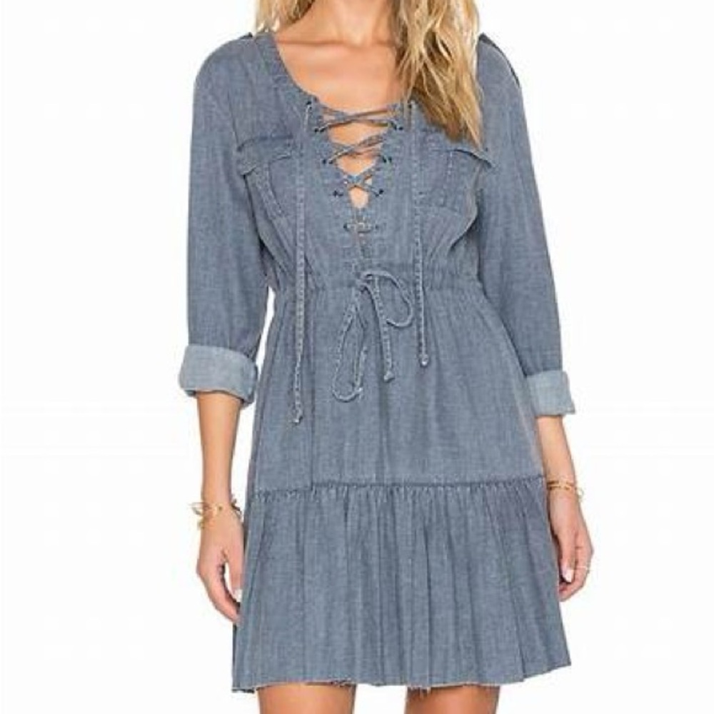 Somedays Lovin ' Denim Long Sleeve Dress With Tie Waist and Tie Neck